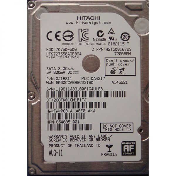 654835-001 - HP 500GB 7200 RPM SATA 2.5" HDD