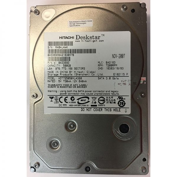 0A33693 - Hitachi 500GB 7200 RPM SATA 3.5" HDD