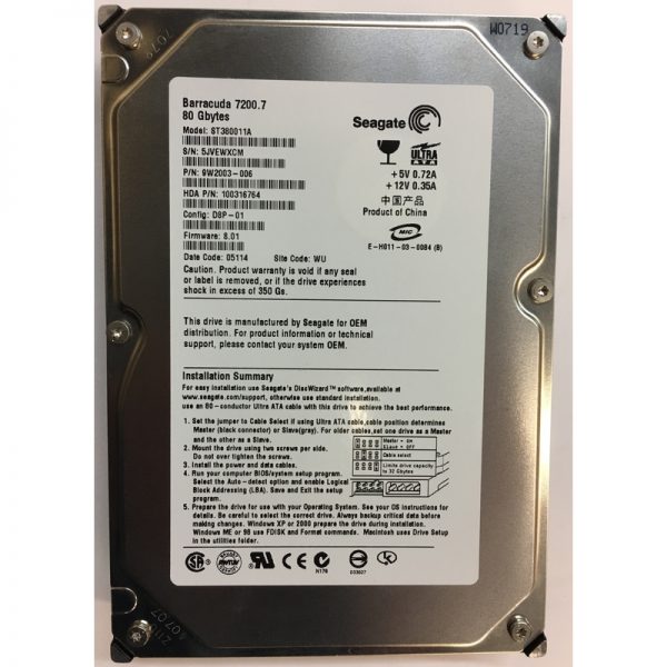 9W2003-006 - Seagate 80GB 7200 RPM IDE 3.5" HDD