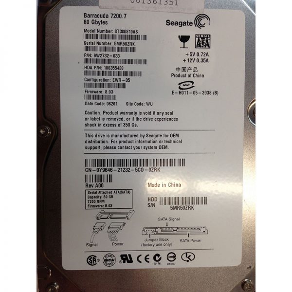 9W2732-033 - Seagate 80GB 7200 RPM SATA 3.5" HDD