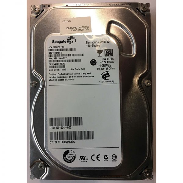 531624-002 - HP 160GB 7200 RPM SATA 3.5" HDD Seagate 9SL13A-022 version