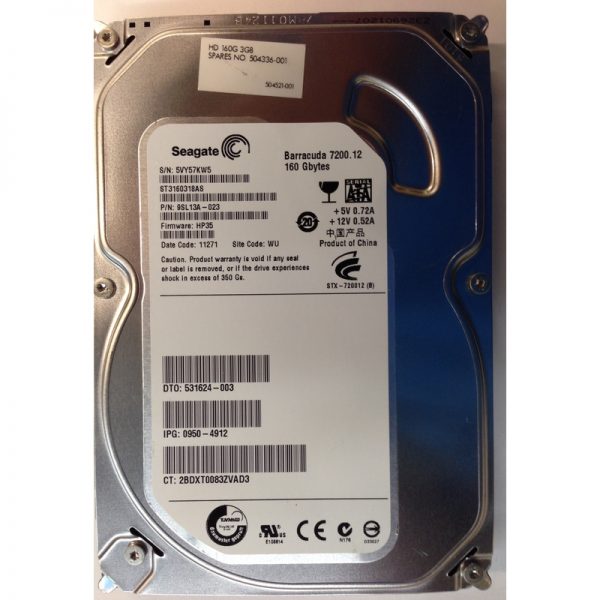 504336-001 - HP 160GB 7200 RPM SATA 3.5" HDD Seagate 9SL13A-022 version