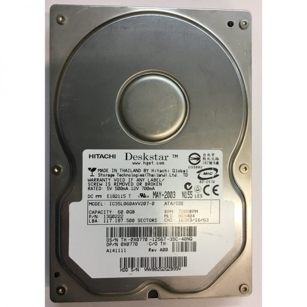 13G0222 - Hitachi 60GB 7200 RPM IDE 3.5" HDD