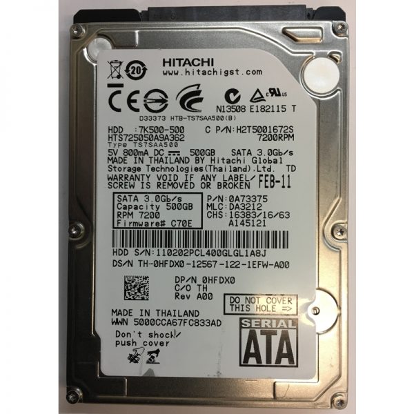 0A73375 - Hitachi 500GB 7200 RPM SATA 2.5" HDD