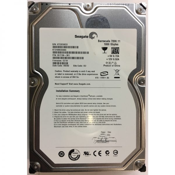 9FZ136-301 - Seagate 1TB 7200 RPM SATA 3.5" HDD