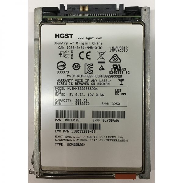 0B32072 - EMC 200GB SSD SAS 2.5" HDD for VNX5100, 5300, 5400, 5500, 5600, 5700, 5800, 7500, 7600, 8000, 25 and 120 bay enclosures, VNXe1600, 3150, 3200, 3300 series