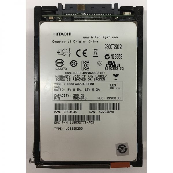 0B24945 - EMC 200GB SSD SAS 2.5" HDD for VNX5100,5300, 5500, 5700,7500,25 disk enclosures, VNXe3150, 3300 series