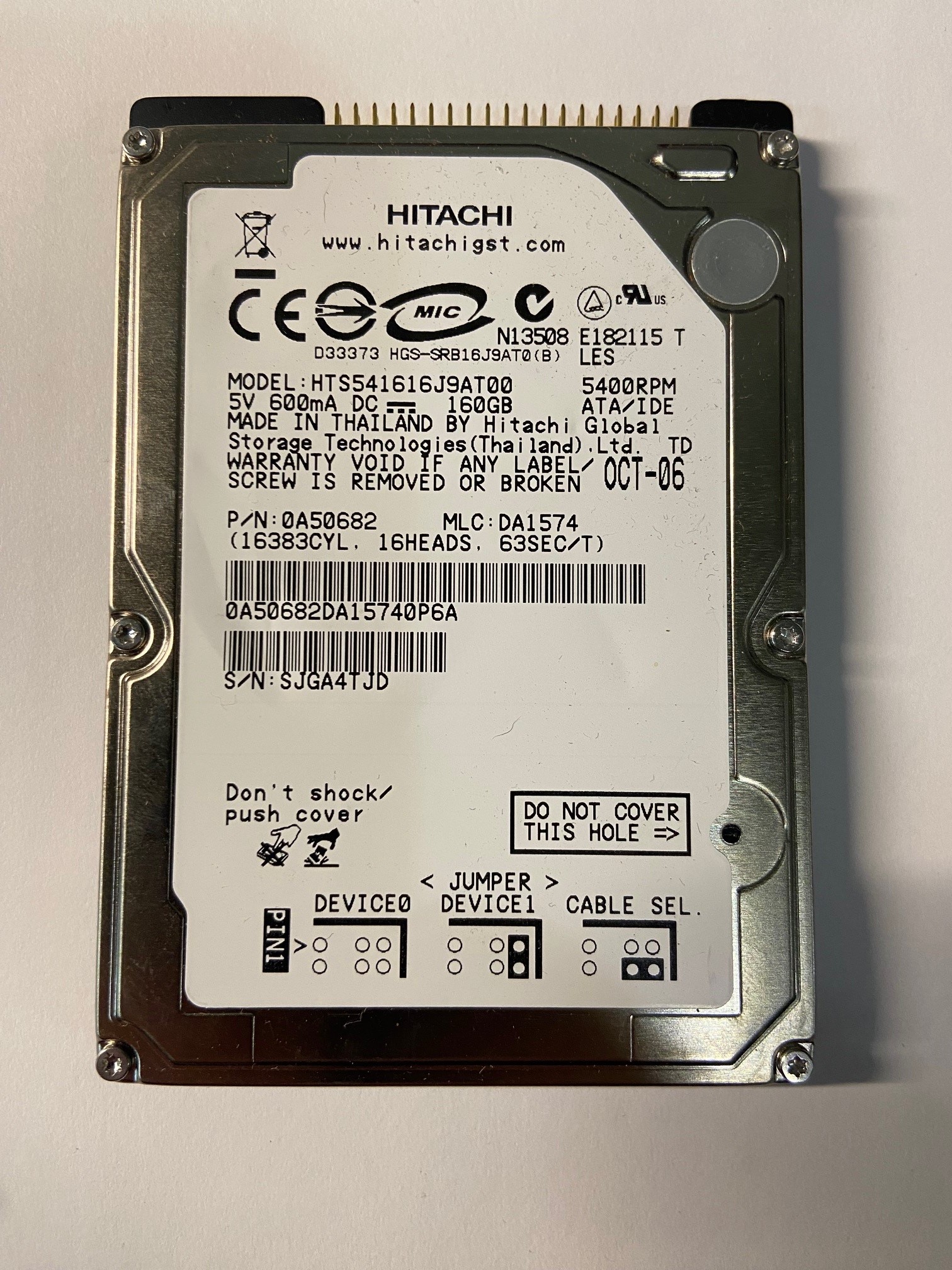 0A50682 - Hitachi 160GB 5400 RPM IDE  2.5" HDD