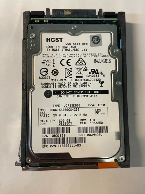 0B31609 - EMC 600GB 15K RPM SAS 2.5" HDD for Unity 300, 400, 500, 600, 25 and 80 bay enclosures.